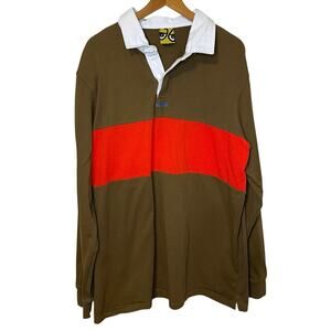Krooked Men’s Brown W/ Red Stripe Long Sleeve Classic Rugby Collared Tee Large